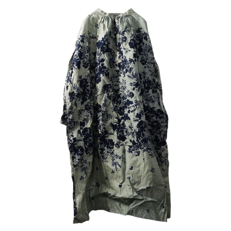 45R インディゴ抜染ローズプリントのスモックドレス