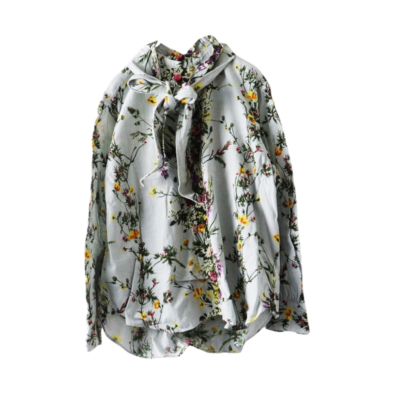 45R インドカディブーケストライププリントのリボンブラウス