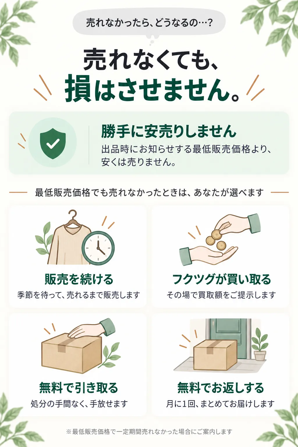 売れなくても、損はさせません。販売を続ける・フクツグが買い取る・無料で引き取る・無料でお返しするから選べます