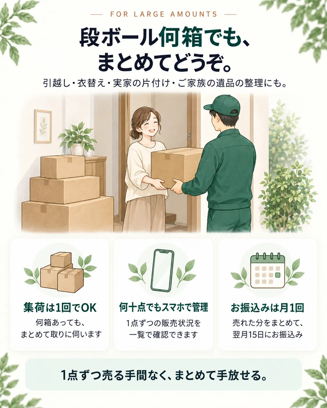 段ボール何箱でも、まとめてどうぞ。引越し・衣替え・実家の片付け・ご家族の遺品の整理にも
