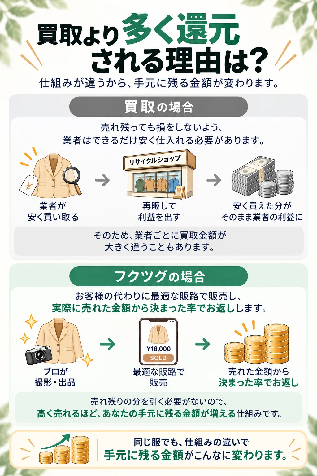 買取より多く還元される理由は？ 理由1 売れ残りのリスク分を、引かないから／理由2 価値がわかる人が、1点ずつ値付けするから
