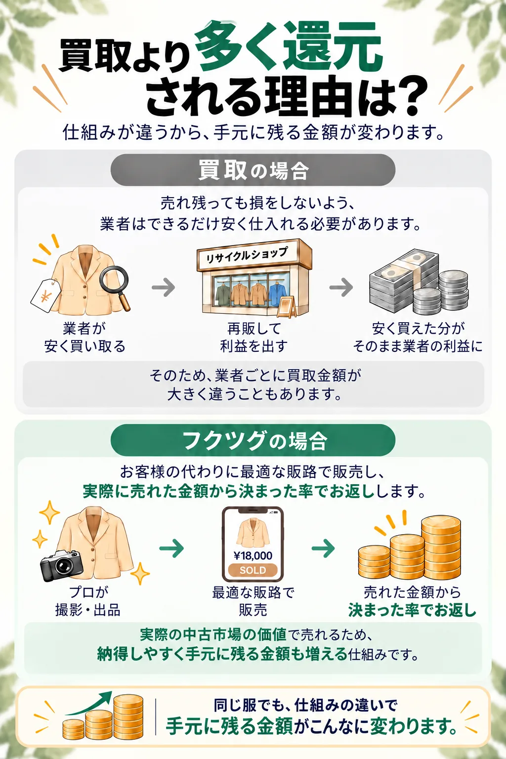 買取より多く還元される理由は? 理由1 売れ残りのリスク分を、引かないから/理由2 価値がわかる人が、1点ずつ値付けするから