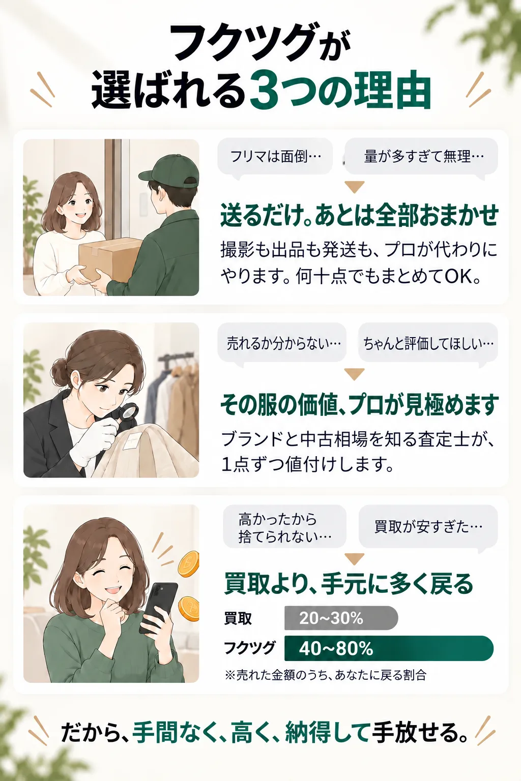 フクツグが選ばれる3つの理由。送るだけ、あとは全部おまかせ/その服の価値、プロが見極めます/買取より、手元に多く戻る